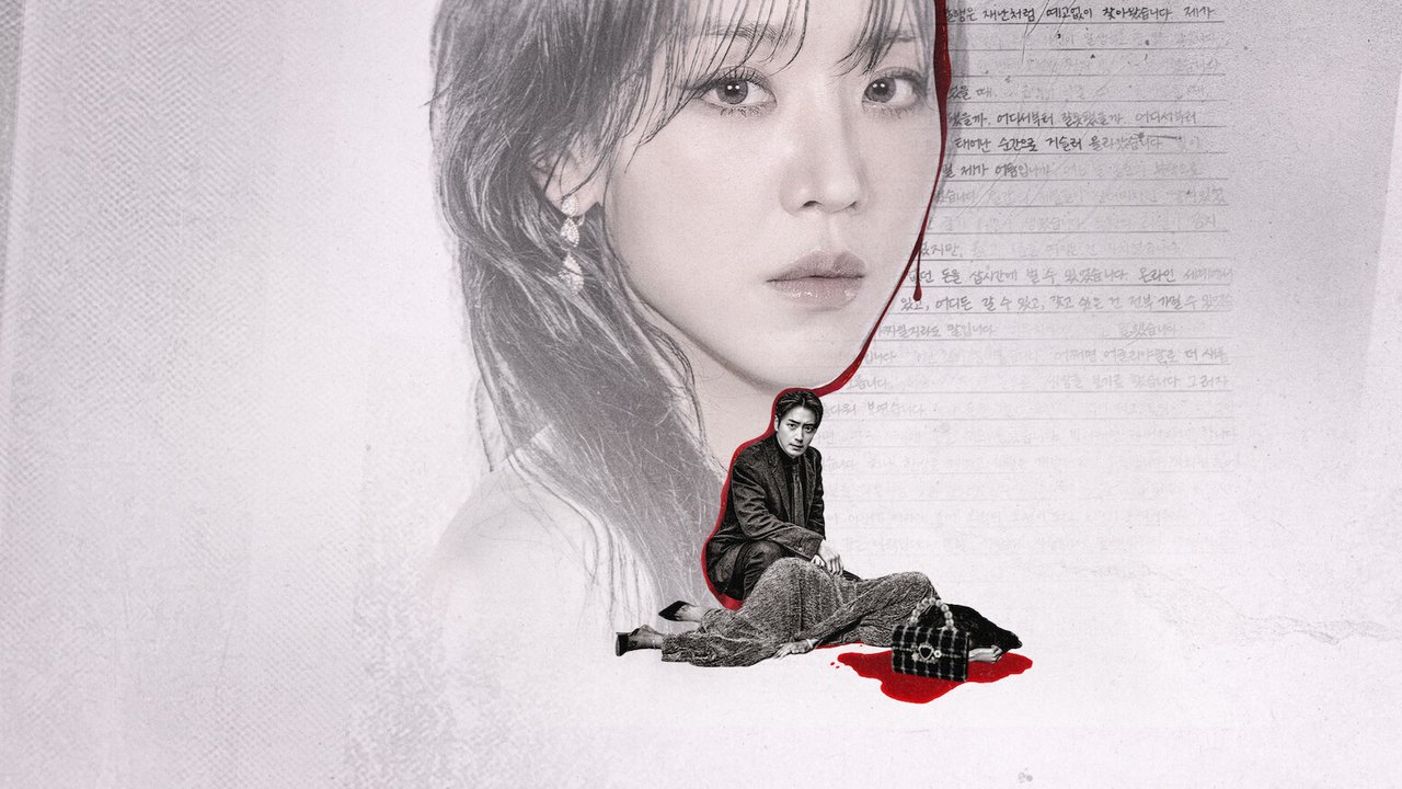 Rosto de Shin Hae-sun em preto e branco ao fundo, sobre folhas manuscritas, e Lee Jun-hyuk agachado ao lado de um corpo caído com uma bolsa e uma mancha vermelha