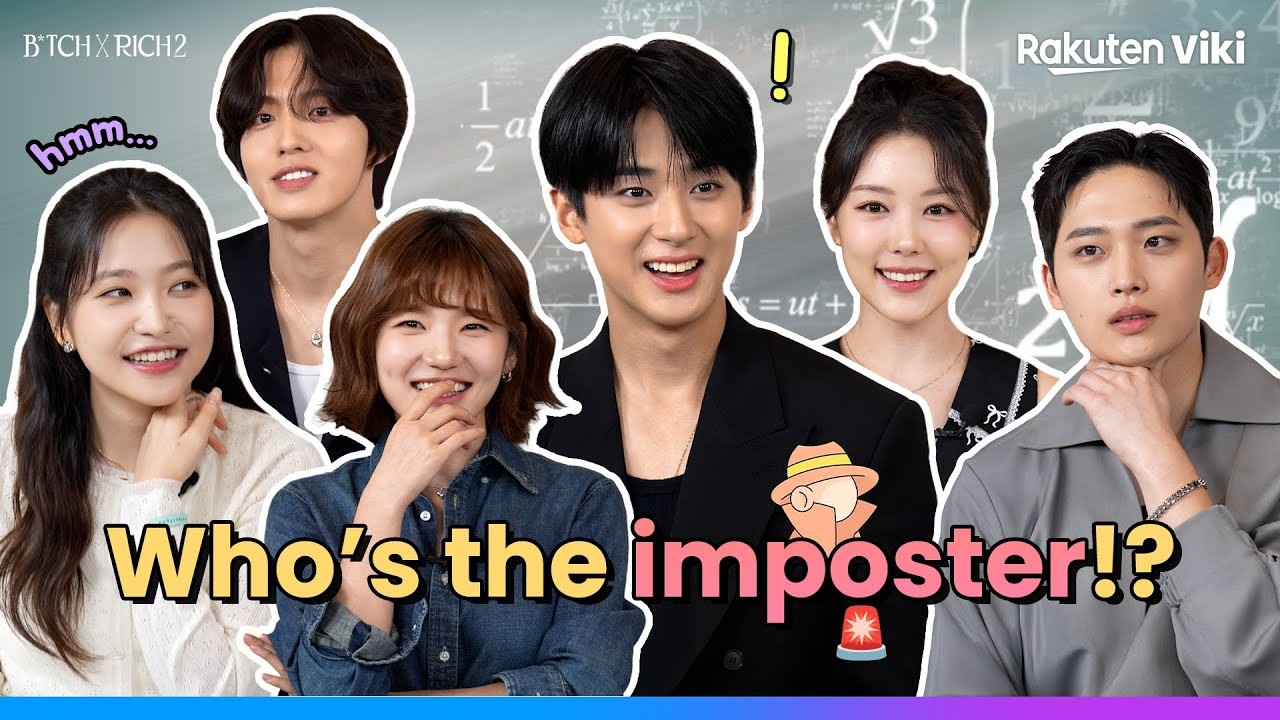 Seis atores do elenco de B*tch x Rich 2 sorrindo em entrevista da Viki, num fundo de lousa com fórmulas, com o título B*tch x Rich 2 e o logo Rakuten Viki