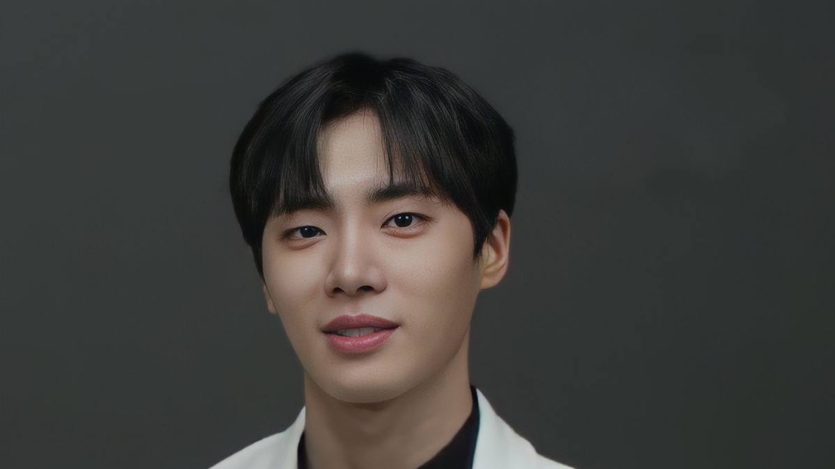 Choo Young-woo de blazer branco e camiseta preta sorri de frente para a câmera diante de fundo cinza