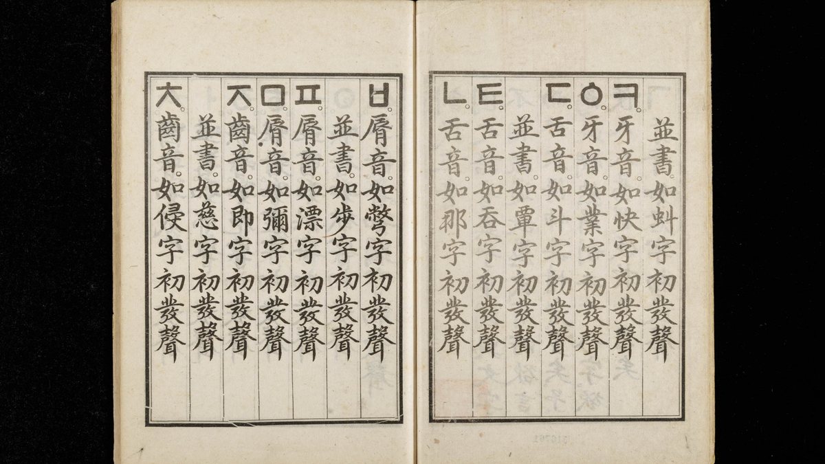 Duas páginas abertas de livro antigo com colunas verticais de caracteres chineses e, no alto de cada coluna, letras do alfabeto coreano dentro de molduras
