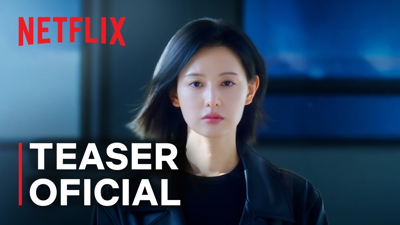 Kim Ji-won, de cabelo na altura do ombro e jaqueta de couro preta, olha de frente para a câmera no teaser oficial de Doctor X