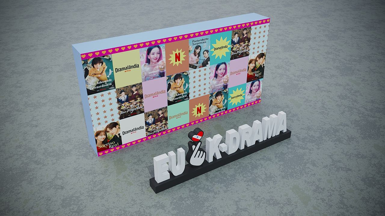 Projeto do painel Dramalândia com imagens de produções coreanas e letreiro de k-drama