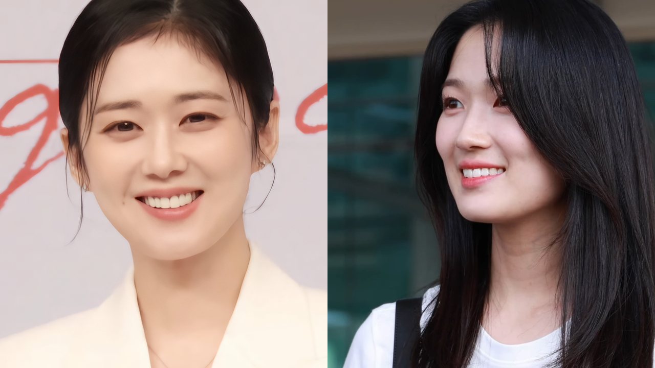 Montagem com duas fotos lado a lado: à esquerda, mulher de cabelo preto preso, sorrindo, de blazer creme diante de um painel claro com letras vermelhas; à direita, moça de cabelo preto longo e franja, sorrindo e olhando para o lado, de camiseta branca