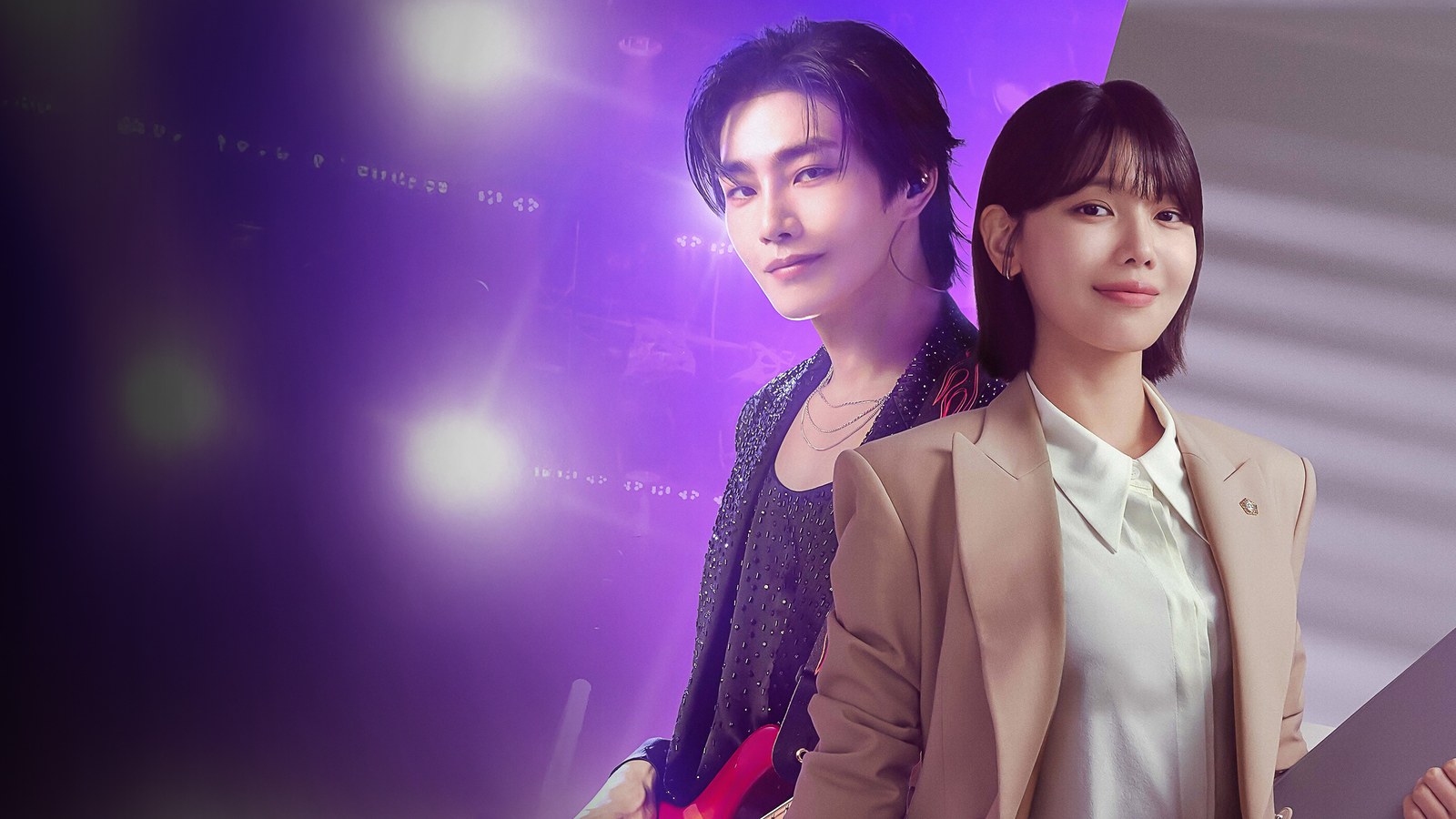 Arte de divulgação de IDOL I na Viki: à esquerda, um homem de cabelo escuro e jaqueta preta cravejada, com fone de ouvido, diante de luzes de palco roxas e de uma guitarra vermelha; à direita, uma mulher de cabelo curto com franja, blazer bege e camisa branca, olhando para a câmera