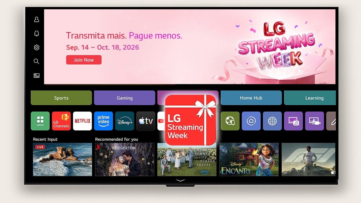 TV LG com a tela inicial do webOS, banner rosa da LG Streaming Week com a frase Transmita mais. Pague menos., fileira de apps de streaming e ícone vermelho de presente da promoção
