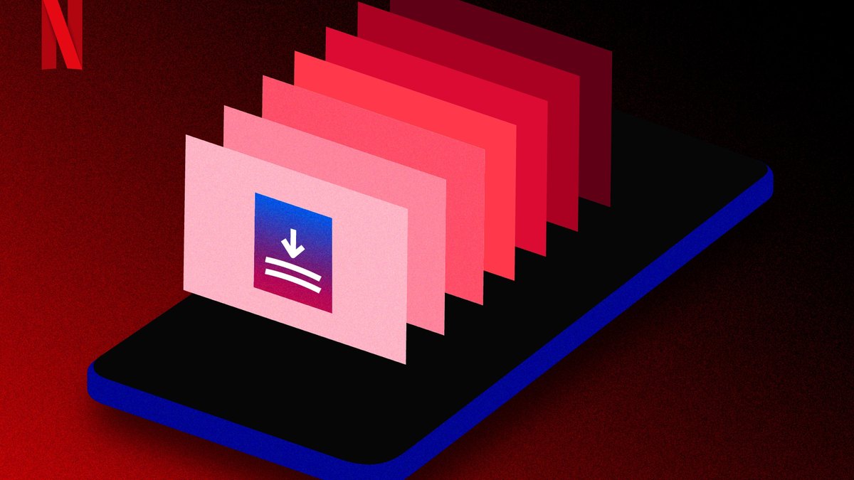 Ilustração de um celular deitado com várias telas em tons de rosa e vermelho enfileiradas sobre ele e um ícone de download na primeira, sobre fundo vermelho escuro
