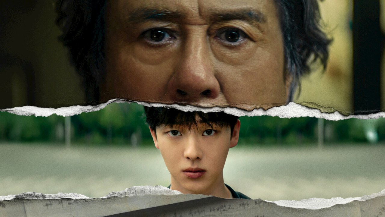 Imagem oficial da série dividida por papel rasgado: no alto, os olhos de Choi Min-sik; embaixo, o rosto sério de Choi Hyun-wook diante de árvores, e uma folha manuscrita na base