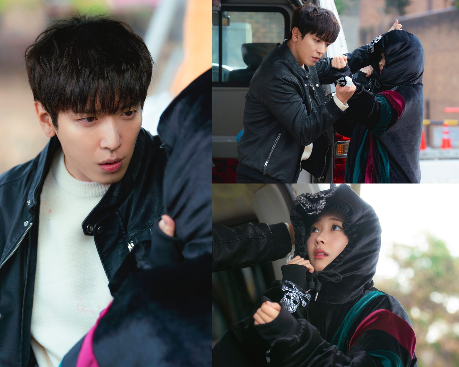 Colagem de três cenas de Oh My Guard: Jung Yong-hwa de jaqueta de couro preta segura a roupa de Hong Seung-hee, que usa um capuz preto com caveira e olha para cima