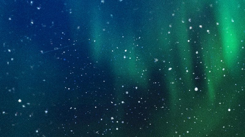 Céu noturno com faixas verdes de aurora boreal e flocos de neve sobre um horizonte branco