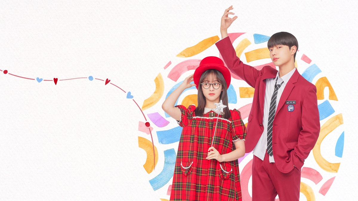 Arte de divulgação de Spirit Fingers na Viki: uma pessoa de chapéu vermelho, óculos e vestido xadrez vermelho ao lado de outra de terno vermelho com um braço erguido, sobre fundo claro com formas coloridas
