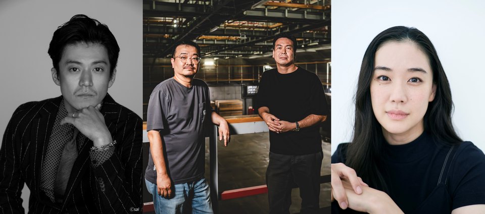 Montagem com quatro retratos: Shun Oguri em preto e branco à esquerda, dois homens num estúdio ao centro e Yu Aoi à direita
