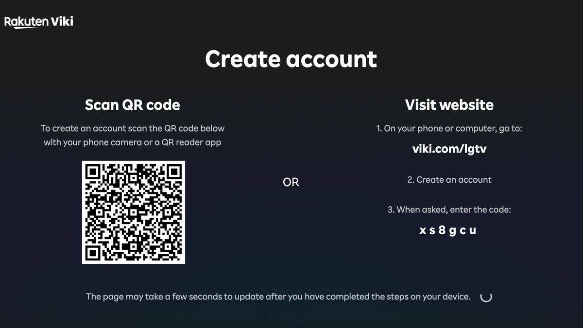 Tela do app da Viki numa TV LG com o título Create account, um QR code à esquerda e, à direita, o endereço viki.com/lgtv e um código de seis letras