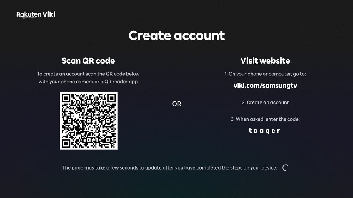 Tela do app da Viki numa TV Samsung com o título Create account, um QR code à esquerda e o endereço viki.com/samsungtv à direita