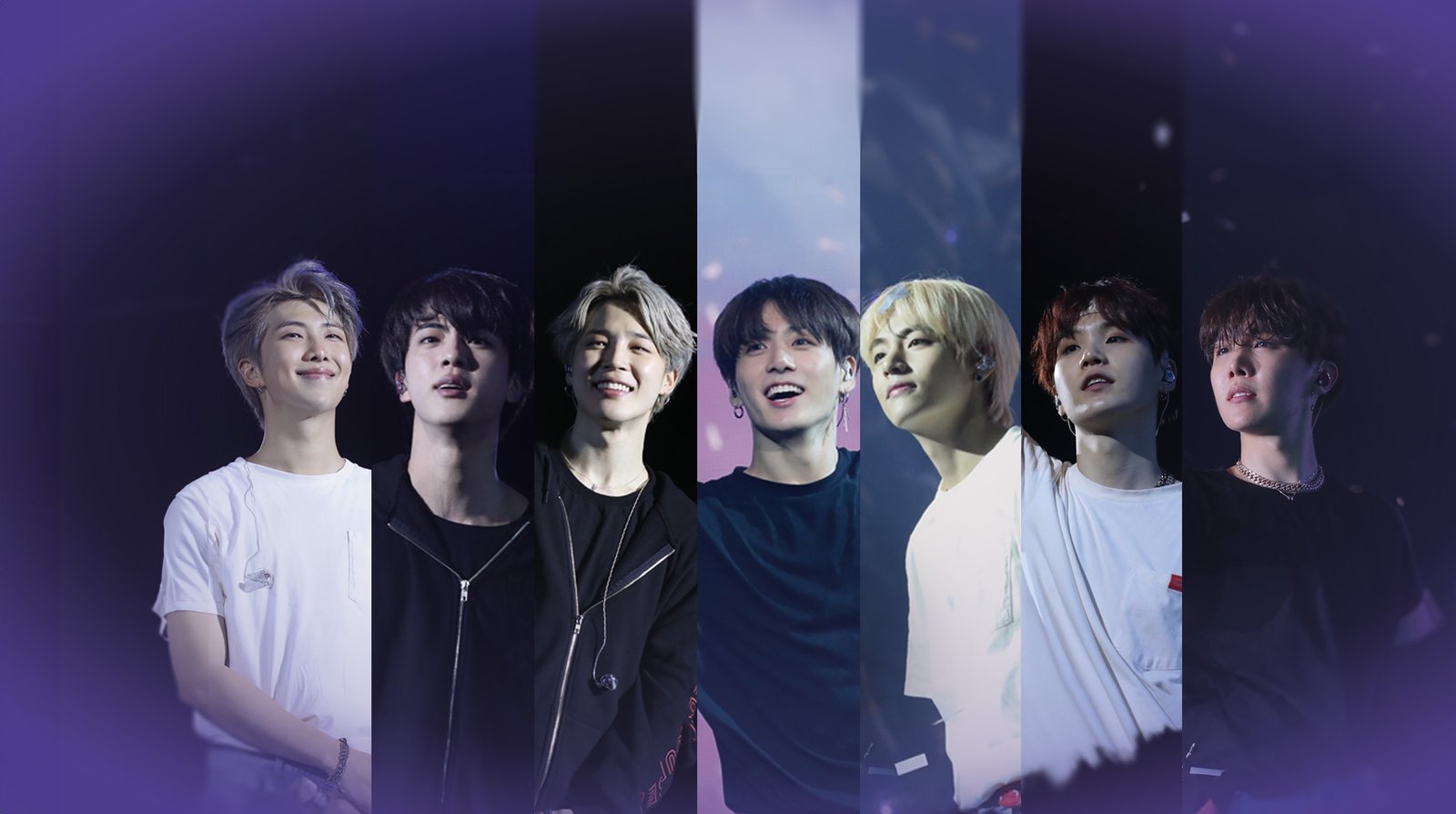 Os sete integrantes do BTS em retratos lado a lado sobre fundo roxo escuro, em arte da série BTS Bring The Soul