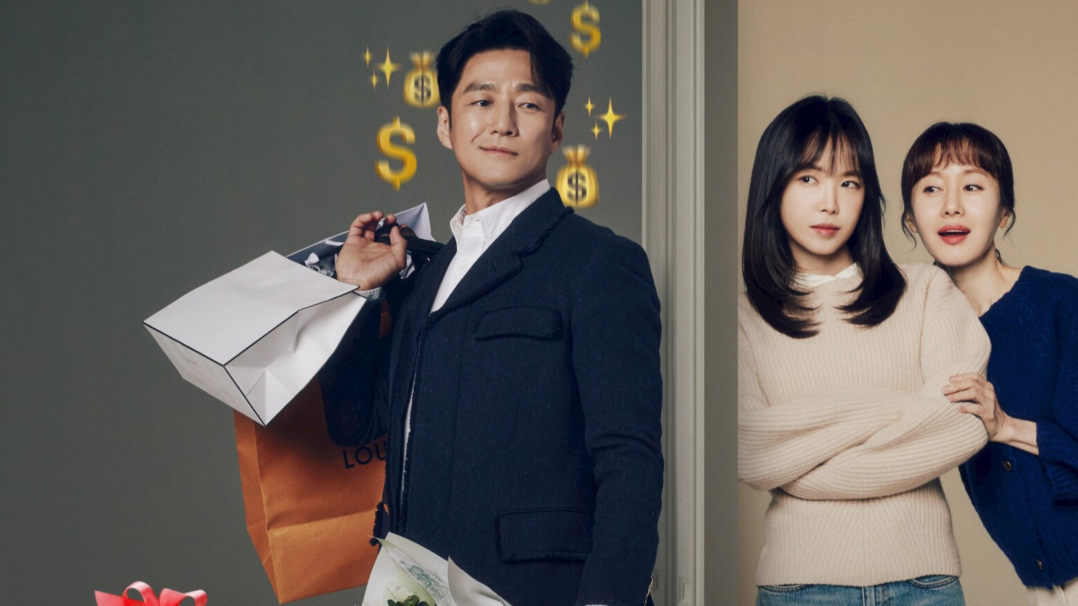 Ji Jin-hee de paletó escuro carrega sacolas de compras entre cifrões desenhados enquanto Son Na-eun, de braços cruzados, e Kim Ji-soo o observam de uma porta